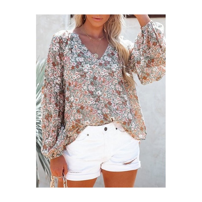 Women Floral Long Sleeve Shirt Spring/Fall Printing V Neck Balloon Sleeve Daily Casual Top