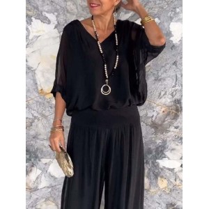 Women Plain Split Joint Two-Piece Set Daily Half Sleeve Casual Summer Top With Pants Matching Set