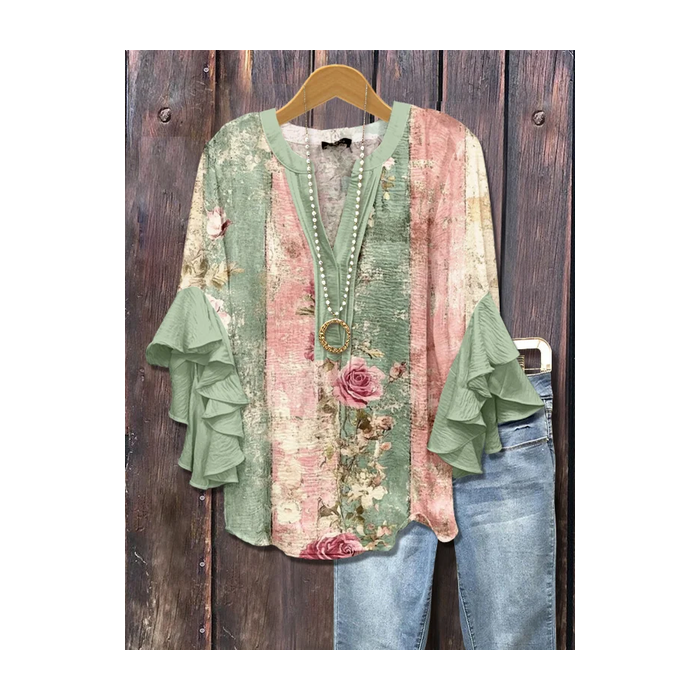 Women Floral Half Sleeve Shirt Summer Printing V Neck Daily Casual Top