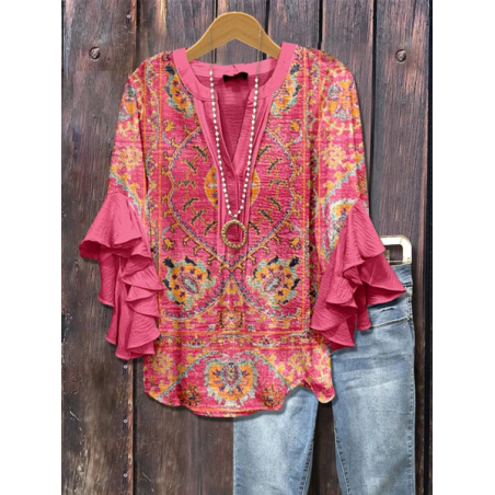 Women Floral Half Sleeve Shirt Summer Printing V Neck Daily Casual Top