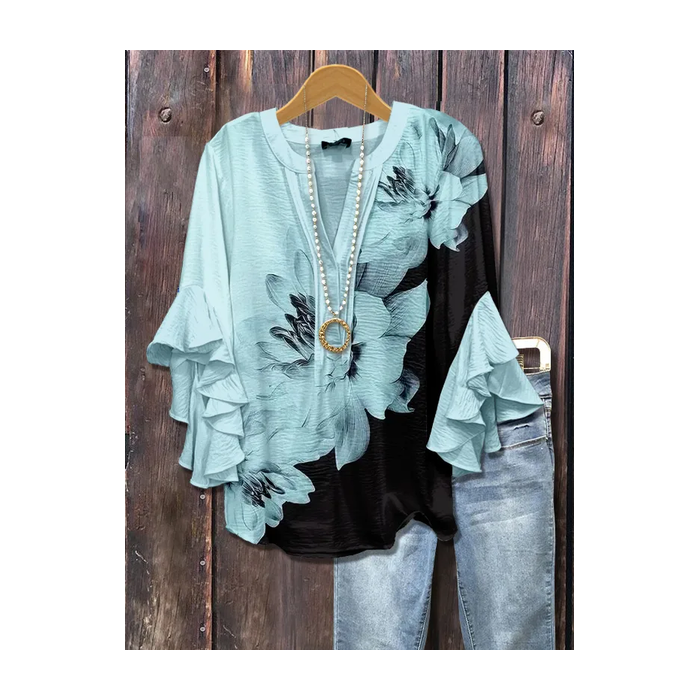 Women Floral Half Sleeve Shirt Summer Printing V Neck Daily Casual Top