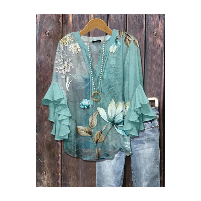 Women Floral Half Sleeve Shirt Summer Printing V Neck Daily Casual Top