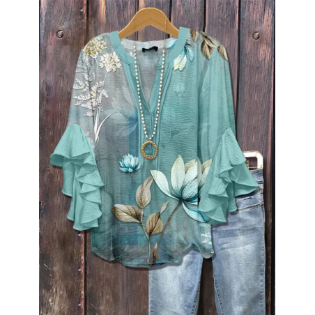 Women Floral Half Sleeve Shirt Summer Printing V Neck Daily Casual Top
