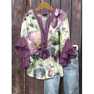 Women Floral Half Sleeve Shirt Summer Printing V Neck Daily Casual Top