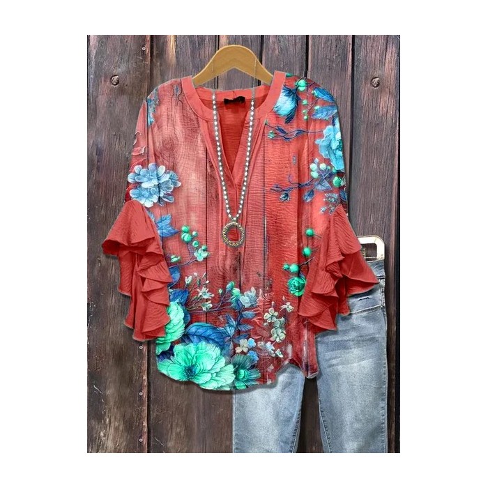 Women Floral Half Sleeve Shirt Summer Printing V Neck Daily Casual Top