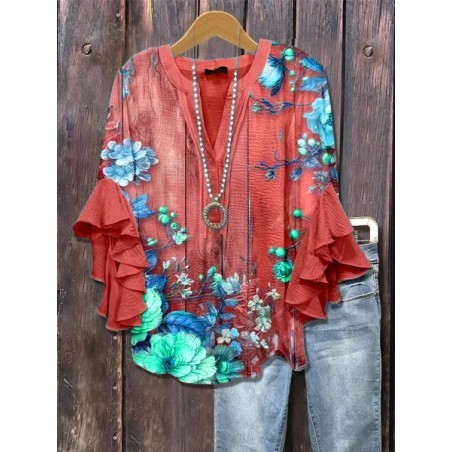 Women Floral Half Sleeve Shirt Summer Printing V Neck Daily Casual Top