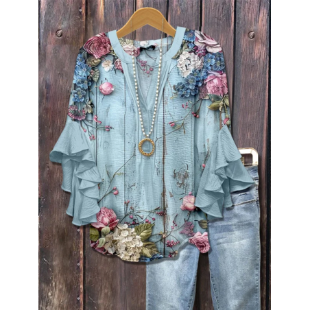 Women Floral Half Sleeve Shirt Summer Printing V Neck Daily Casual Top
