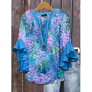 Women Floral Half Sleeve Shirt Summer Printing V Neck Daily Casual Top