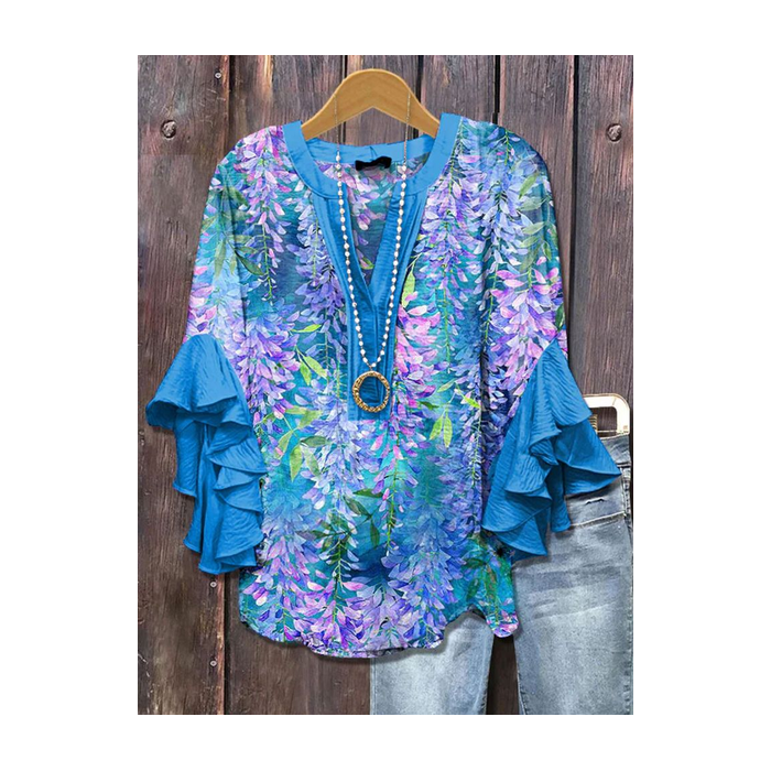 Women Floral Half Sleeve Shirt Summer Printing V Neck Daily Casual Top