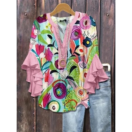 Women Floral Half Sleeve Shirt Summer Printing V Neck Daily Casual Top