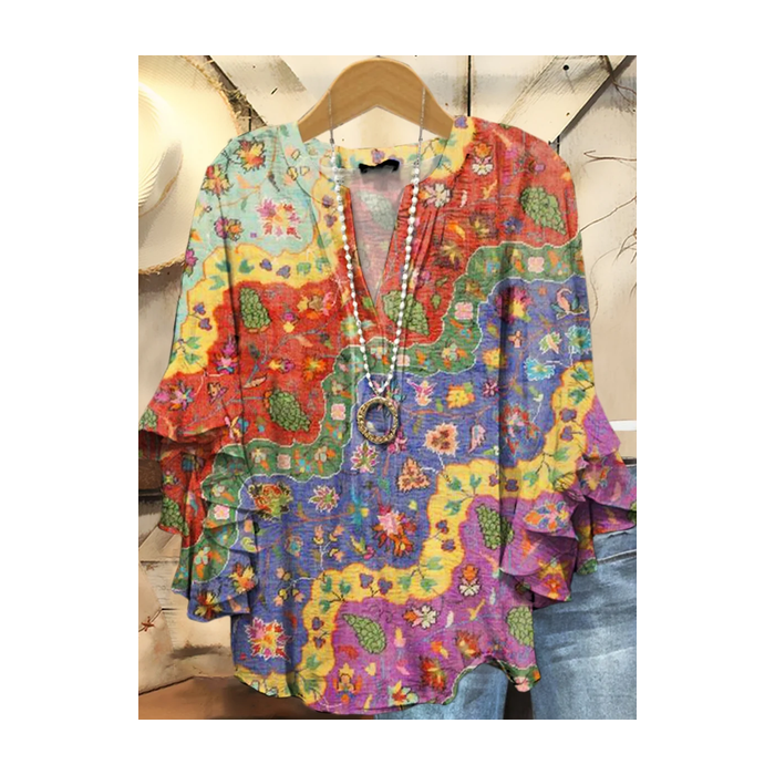 Women Floral Half Sleeve Shirt Summer Printing V Neck Daily Casual Top