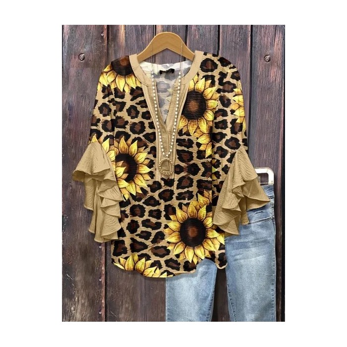 Women Leopard Half Sleeve Shirt Summer Printing V Neck Daily Casual Top