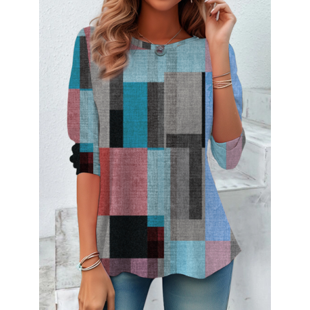 Women Abstract Plaid Long Sleeve Tee T-shirt Crew Neck Printing Casual Spring/Fall Graphic Tee Top