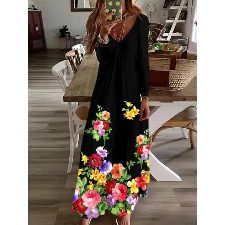 Women Abstract Long Sleeve Spring/Fall Printing Dress V Neck Daily Casual Maxi H-Line Dress