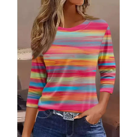 Women Striped Three Quarter Sleeve Tee T-shirt Crew Neck Casual Spring/Fall Graphic Tee Top