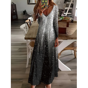 Women Abstract Long Sleeve Spring/Fall Printing Dress V Neck Daily Casual Maxi H-Line Dress