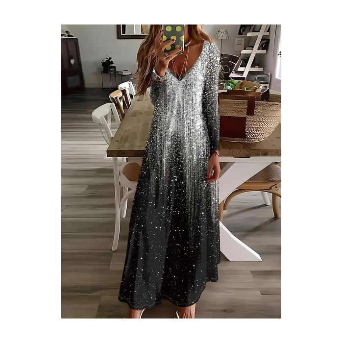 Women Abstract Long Sleeve Spring/Fall Printing Dress V Neck Daily Casual Maxi H-Line Dress