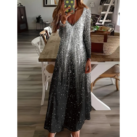 Women Abstract Long Sleeve Spring/Fall Printing Dress V Neck Daily Casual Maxi H-Line Dress