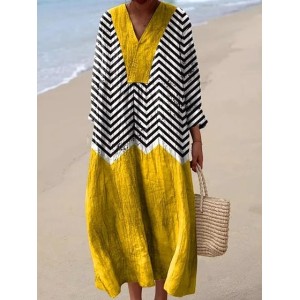 Women Striped Long Sleeve Spring/Fall Dress V Neck Daily Casual Maxi A-Line Dress