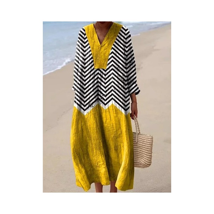 Women Striped Long Sleeve Spring/Fall Dress V Neck Daily Casual Maxi A-Line Dress