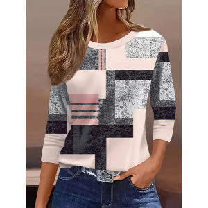 Women Geometric Three Quarter Sleeve Tee T-shirt Crew Neck Casual Spring/Fall Graphic Tee Top