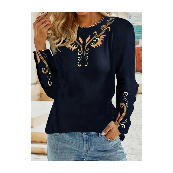 Women Ethnic Long Sleeve Tee T-shirt Crew Neck Printing Casual Spring/Fall Graphic Tee Top