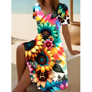 Women Floral Short Sleeve Summer Printing Dress V Neck Daily Casual Midi Fit & Flare Dress A-Line Dress