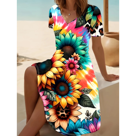 Women Floral Short Sleeve Summer Printing Dress V Neck Daily Casual Midi Fit & Flare Dress A-Line Dress