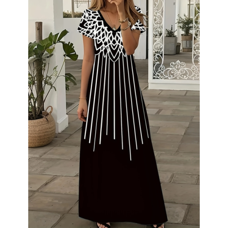 Women Abstract Short Sleeve Summer Printing Dress V Neck Daily Casual Maxi X-Line Dress