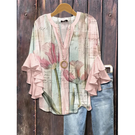 Women Floral Half Sleeve Shirt Summer Printing V Neck Daily Casual Top