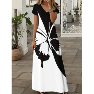 Women Butterfly Short Sleeve Summer Printing Dress V Neck Daily Casual Maxi X-Line Dress