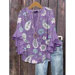 Women Floral Half Sleeve Shirt Summer Printing V Neck Daily Casual Top