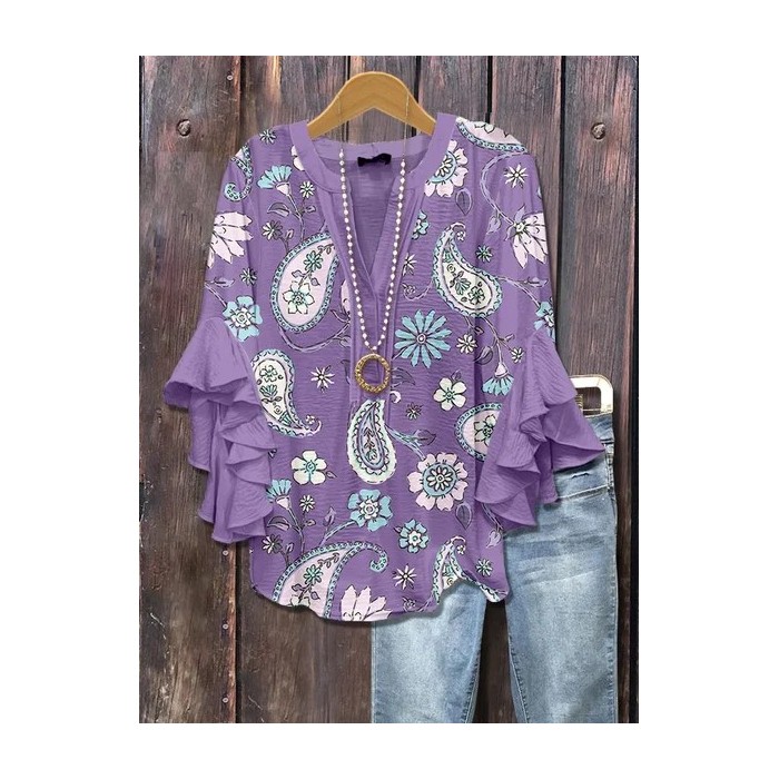 Women Floral Half Sleeve Shirt Summer Printing V Neck Daily Casual Top