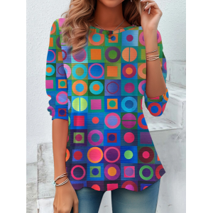Women Geometric Long Sleeve Tee T-shirt Crew Neck Printing Casual Spring/Fall Tunic Top