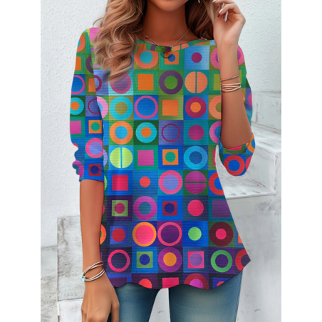 Women Geometric Long Sleeve Tee T-shirt Crew Neck Printing Casual Spring/Fall Tunic Top