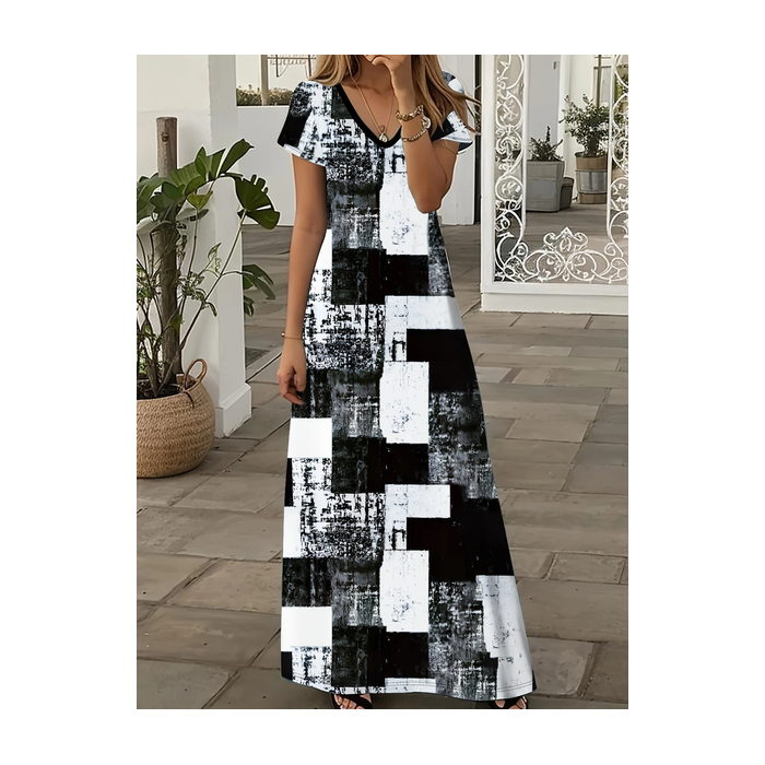 Women Abstract Plaid Short Sleeve Summer Printing Dress V Neck Daily Casual Maxi X-Line Dress