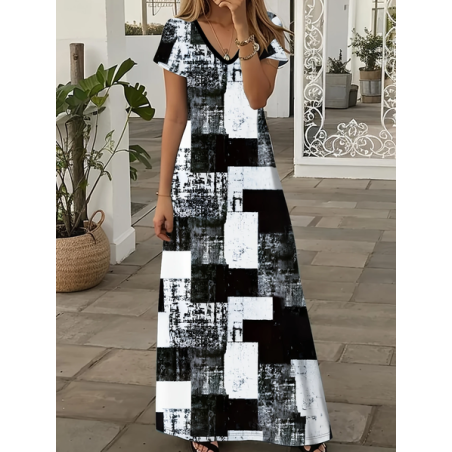 Women Abstract Plaid Short Sleeve Summer Printing Dress V Neck Daily Casual Maxi X-Line Dress
