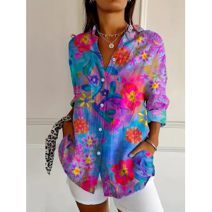 Women Floral Long Sleeve Shirt Spring/Fall Buckle Shirt Collar Regular Sleeve Daily Casual Top