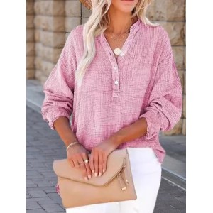 Women Plain Long Sleeve Shirt Spring/Fall Split Joint V Neck Daily Casual Top
