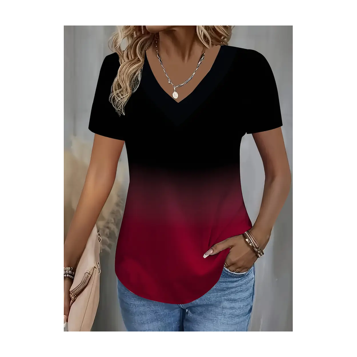 Women Ombre Short Sleeve Tee T-shirt V Neck Printing Casual Summer Graphic Tee Top