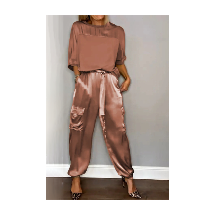 Women Plain Pocket Stitching Two-Piece Set Daily Half Sleeve Casual Summer Top With Pants Matching Set