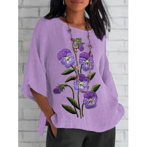 Women Floral Half Sleeve Tee T-shirt Crew Neck Casual Summer Top