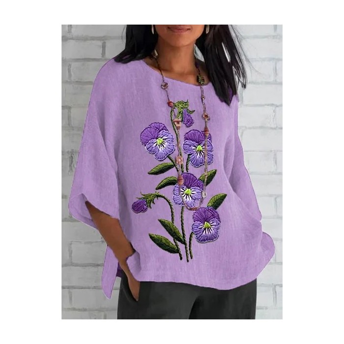 Women Floral Half Sleeve Tee T-shirt Crew Neck Casual Summer Top