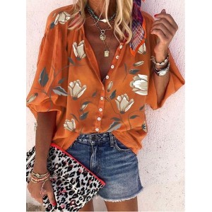 Women Floral Three Quarter Sleeve Shirt Spring/Fall Printing Stand Collar Balloon Sleeve Daily Vintage Top
