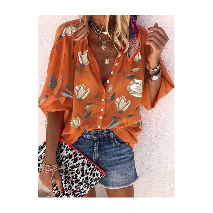 Women Floral Three Quarter Sleeve Shirt Spring/Fall Printing Stand Collar Balloon Sleeve Daily Vintage Top