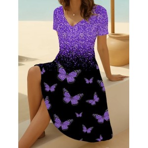 Women Butterfly Short Sleeve Summer Printing Dress V Neck Daily Casual Midi Fit & Flare Dress A-Line Dress
