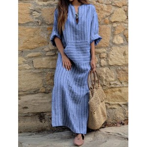 Women Striped Long Sleeve Spring/Fall Printing Dress U-Neck Daily Vintage Maxi Tank A-Line Dress