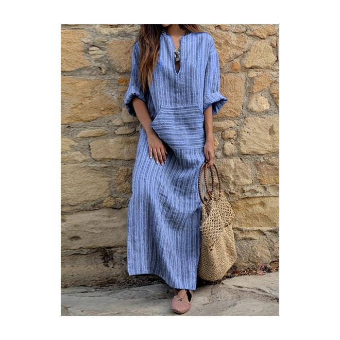 Women Striped Long Sleeve Spring/Fall Printing Dress U-Neck Daily Vintage Maxi Tank A-Line Dress