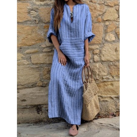 Women Striped Long Sleeve Spring/Fall Printing Dress U-Neck Daily Vintage Maxi Tank A-Line Dress