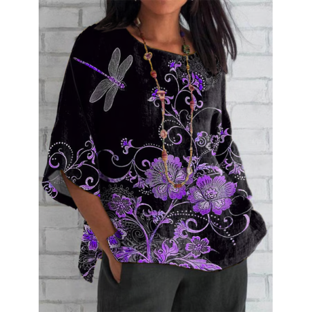 Women Floral Half Sleeve Tee T-shirt Crew Neck Casual Summer Top